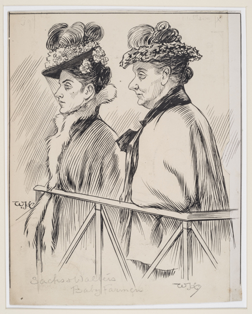 William Hartley Courtroom illustration of Amelia Sachs and Annie Walters on trial for baby farming, 1903 © Museum of London